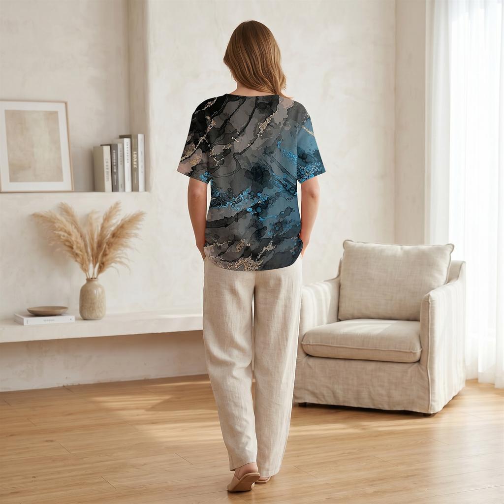 Women Short Sleeve Henley Button Neck Shirt Linen Cotton Blend Casual Chest Pocket Printed Top