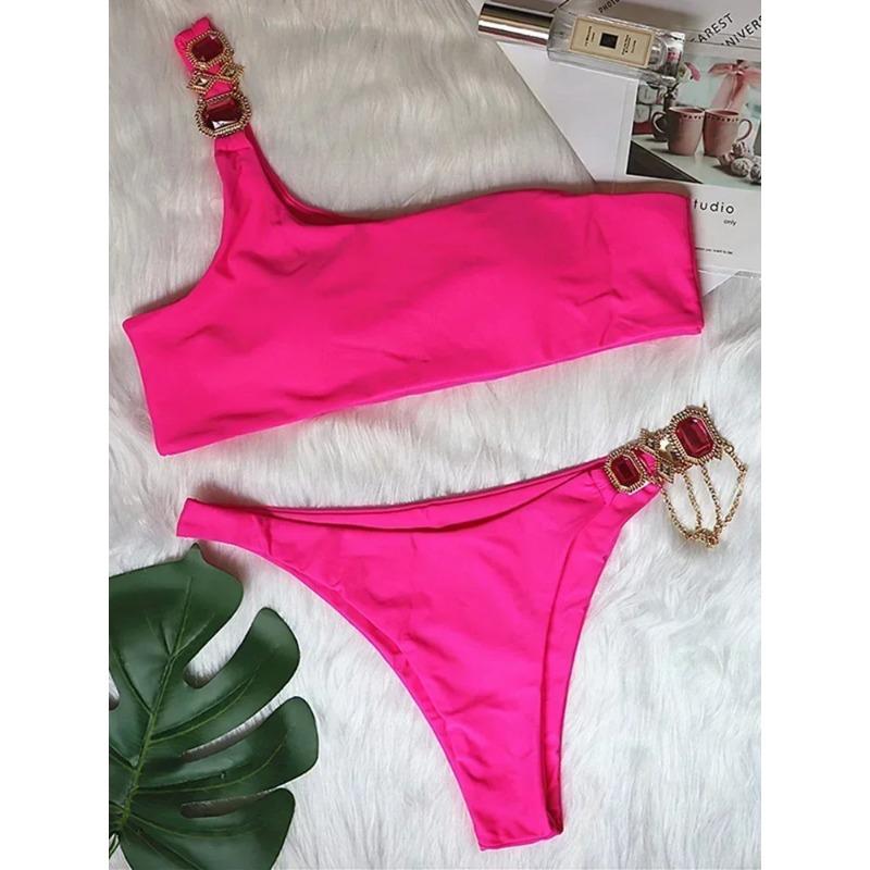 

2025 Блискуче стразове діамантове бікіні Жіночий купальник Жіночий купальний костюм Комплект бікіні з двох частин Халтер Металеві ланцюжки Купальний костюм S