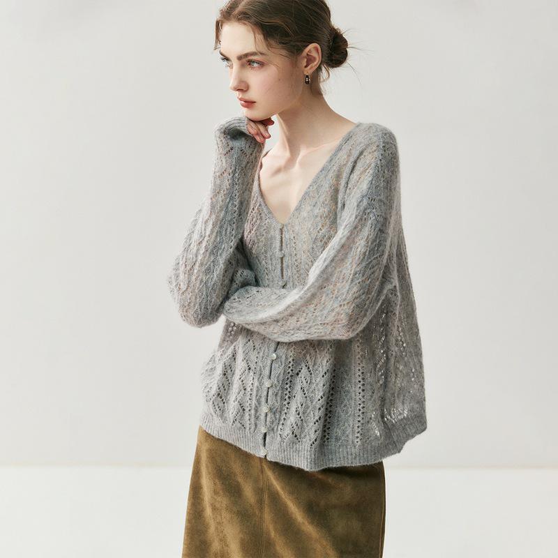 Women's Cashmere Silk V-Neck Hollow Out Cardigan Sweater Cover-Up