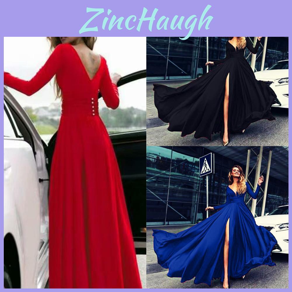 Women Deep V Neck Long Sleeve Slit Prom Gown Dress Elegant Bridesmaid Evening Maxi Dress