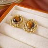 Silver needle tiger's eye stone geometric round pendant earrings retro Maillard style stud earrings personalized niche design earrings