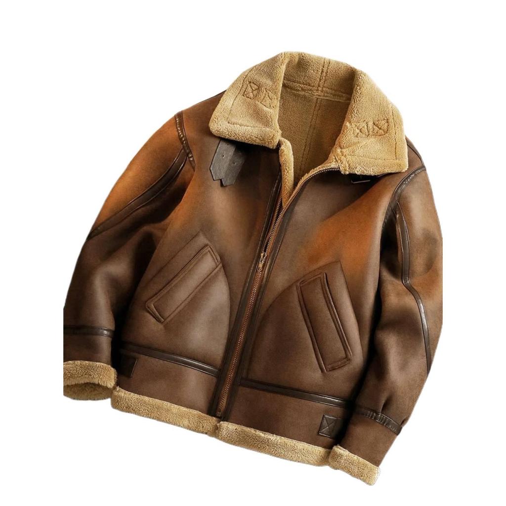 Unisex Retro Lambswool Motorcycle Jacket - Thickened Velvet Leather for Autumn & Winter