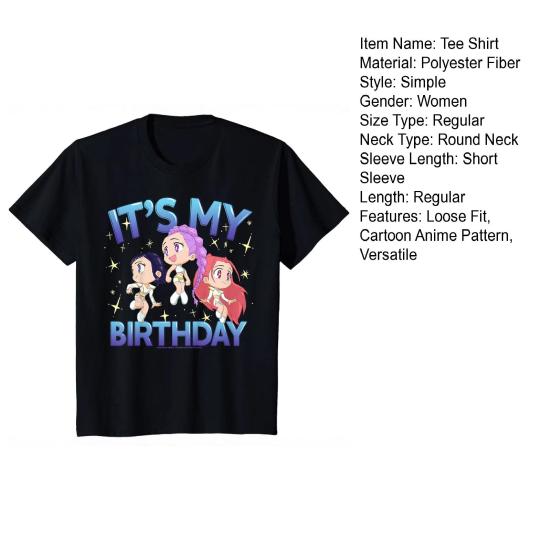 Tee Shirt Round Neck Short Sleeve Cartoon Anime Pattern Women T-shirt Loose Fit Breathable