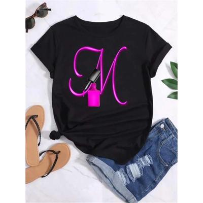 Camisetas de Verano para Mujer, Cuello Redondo, Estampado de Esmalte de Uñas con Letra de Nombre 3D, Moda Casual, Manga Corta