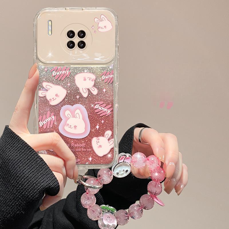 Suitable for Huawei P60 Mobile Phone Case Mate50pro Cute Rabbit Flip Mirror Hanging Chain Honor 90 Transparent Silicone