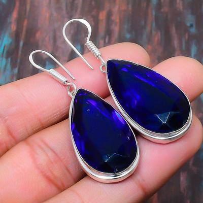 Belle boucle d'oreille en argent sterling 925 faite à la main avec topaze bleue de Londres