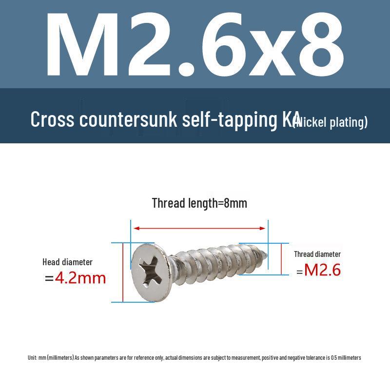 YiguYigu Nickel-Plated Phillips Flat Head Self-Tapping Screws M1-M5, Carbon Steel