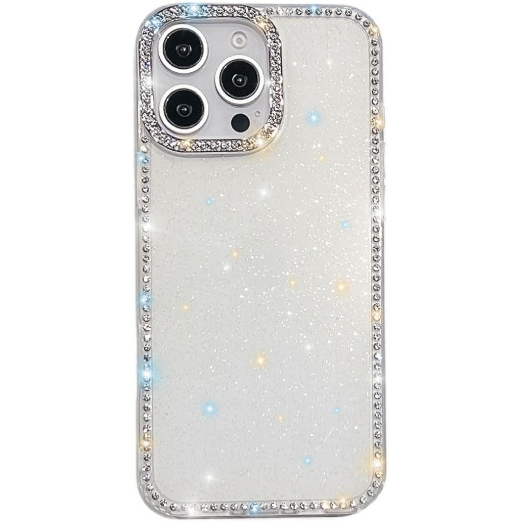 For iPhone 15 Pro Case Rhinestone Edge Glitter Back TPU+PC IMD Phone Cover