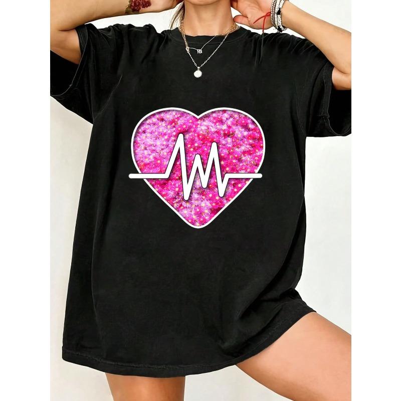 Black Oversized T Shirt With Pink Glitter Heart And Pulse Line Print For Casual Wear