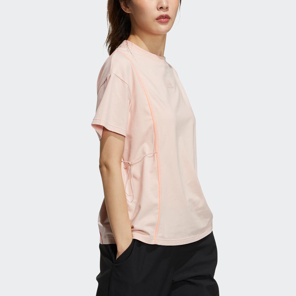 Adidas Tech Tee Ribbon Drawstring Solid Sport Short Sleeve Women Tops Pink GP0594