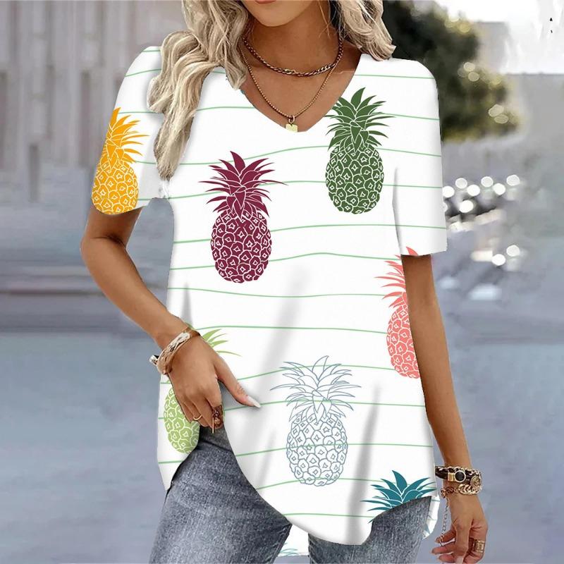 Sommer Süße Ananas Frische 3D Digital Gedruckt Locker Lässig V-Ausschnitt Kurzarm Damen T-Shirt Top