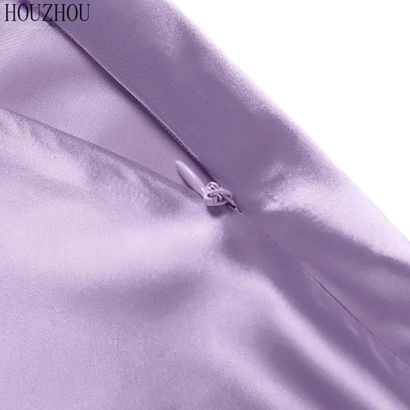 HOUZHOU Satin Silk Skirt Women Solid Purple High Waisted Summer Midi Skirt Elegant Chic Office Ladies Wear Trend