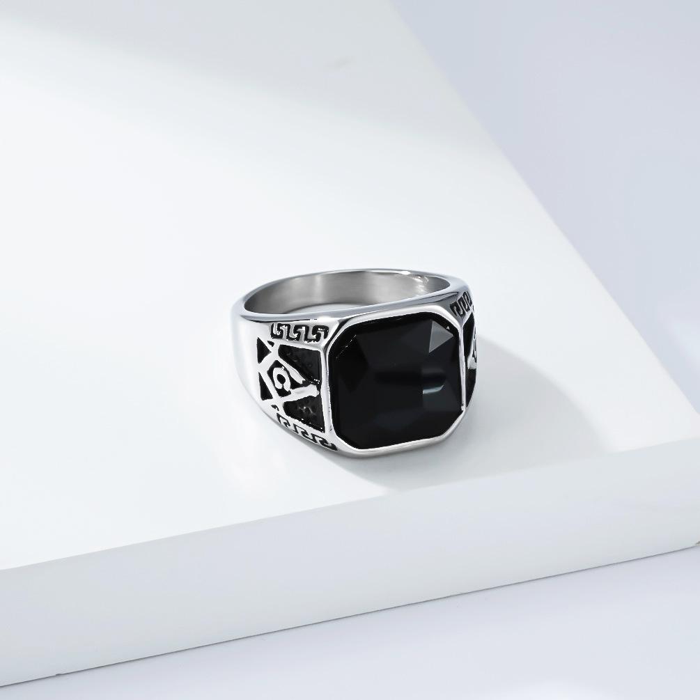 Vintage Classic Masonic Black Gem Ring Ring Men's Niche Literary Brotherhood Stainless Steel Index Finger Ring