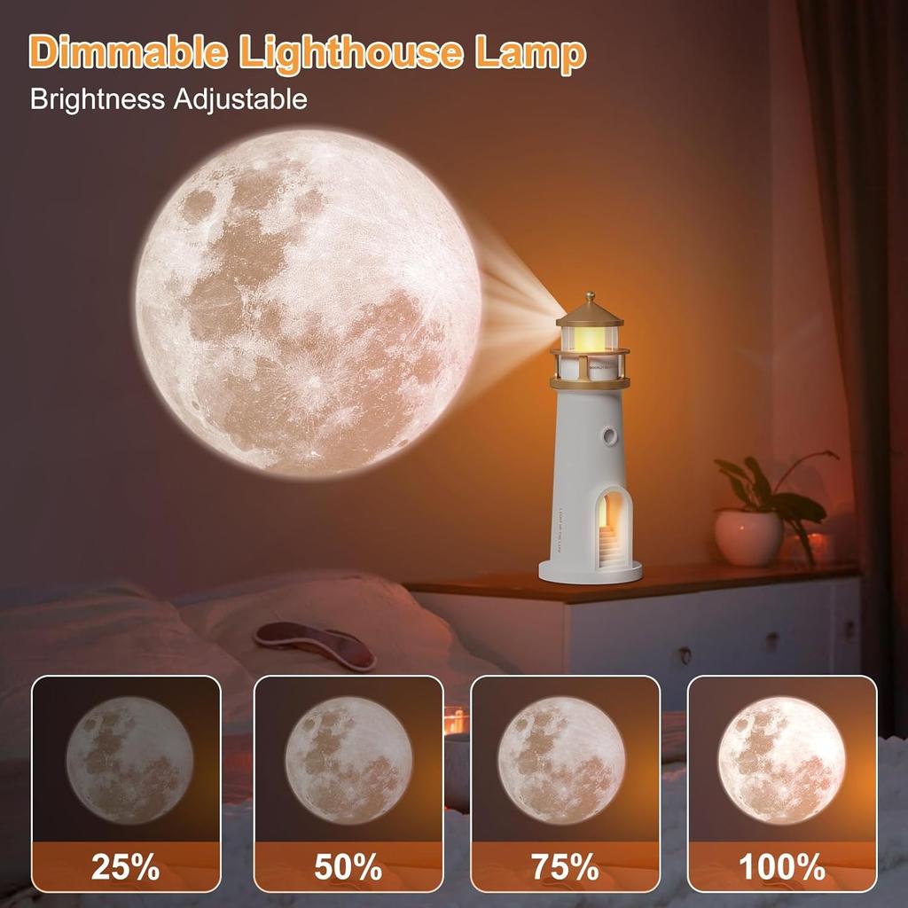 Lighthouse Lamp Moon Projector - Cordless Night Light for Nightstand w/ Remote Control, 2700K Warm Light & Moonlight Projection
