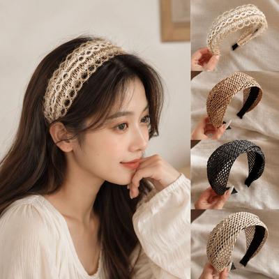 Bohemian Style Wide Brim Hair Hoop Straw Weaving Hair Band Cross Knotted Headband  for Women