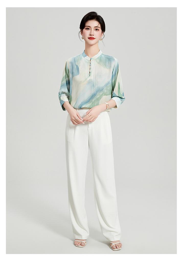 New Chinese Summer Stand Up Collar Mulberry Silk T-shirt