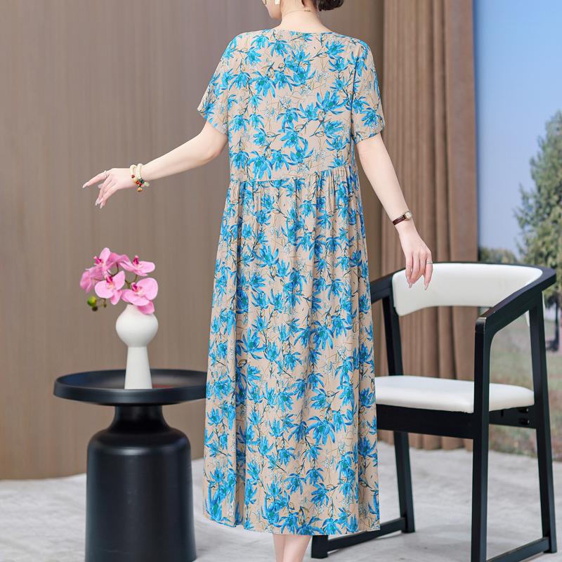 Elegant Dresses for Women Plus Size Loose Casual Vintage Print Long Dress With Sleeves Summer Middle-aged Women's Clothing