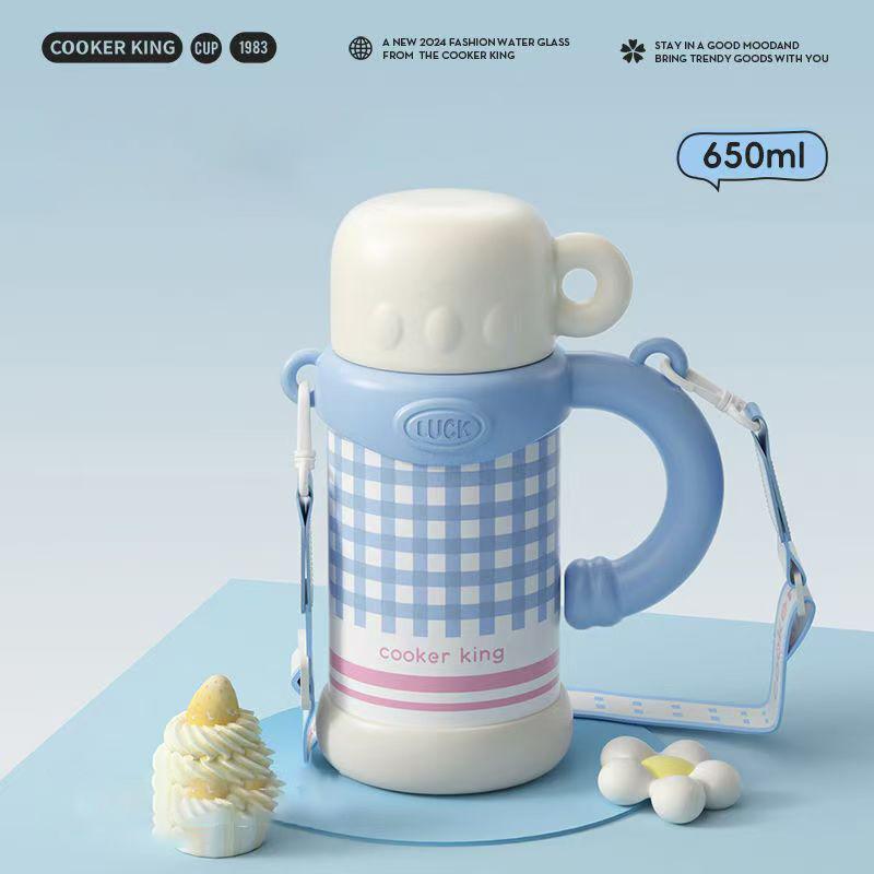 COOKER KinG Large Capacity Thermos Cup Student Straw Cup with Handle Stainless Steel Coffee Mug Outdoor Travel Water Bottle