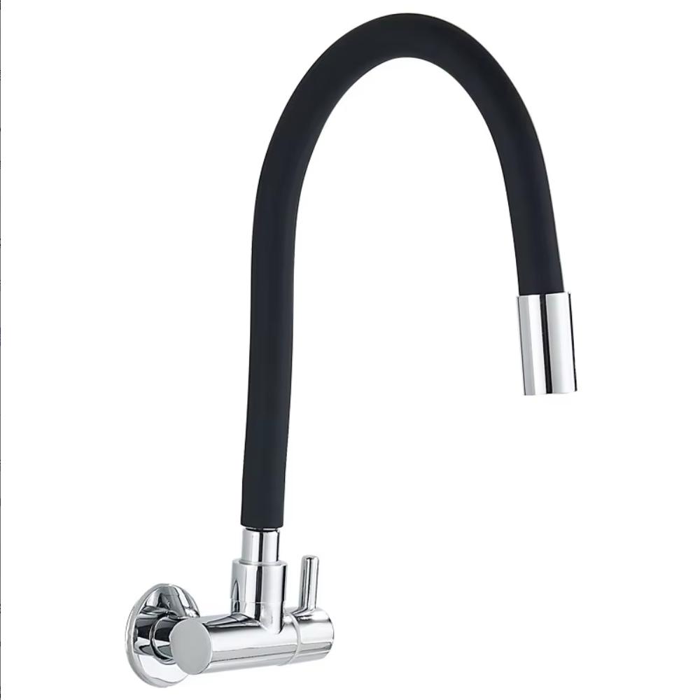Wall Mount Brass Kitchen Faucet Flexible Black Silicone Spout Chrome Finish Modern Design Single Cold Water Tap 3-Year Warranty (Black,Brass) чёрный