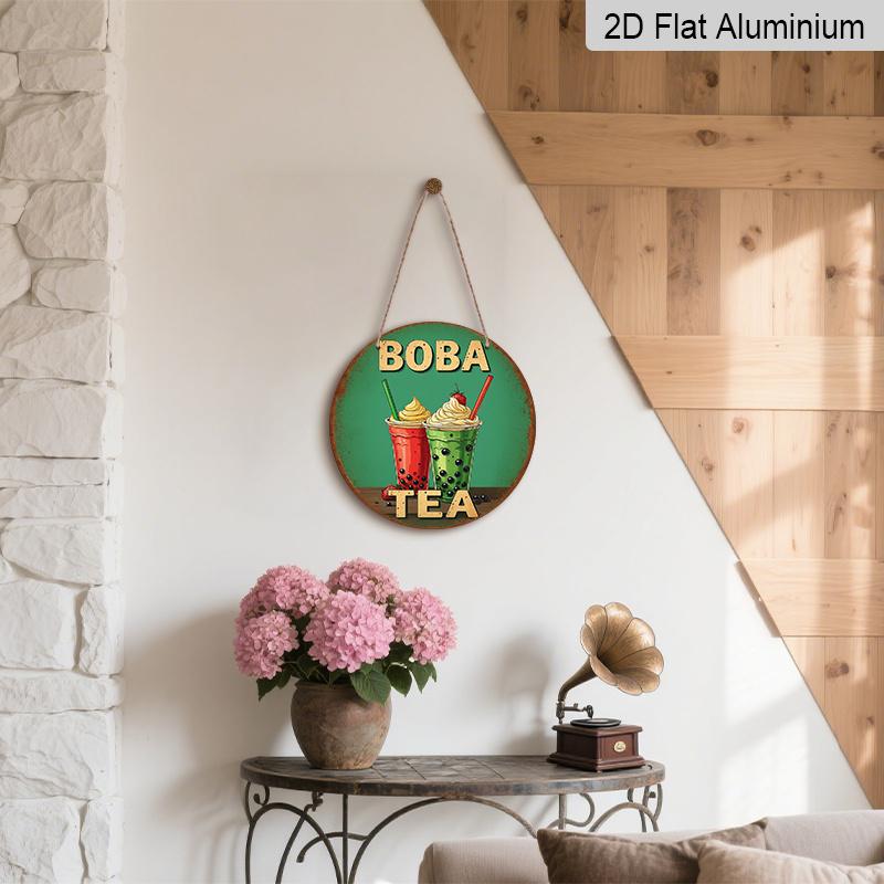 2D Flat - A Vintage Aluminum Sign About 'BOBA TEA', Retro Bubble Tea Cup Design with Strawberry & Cream Topping Measuring 7.87 Inches, Suitable for