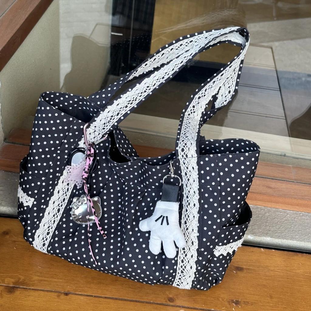 Korean Vintage Polka Dot Canvas Shoulder Bag Women Cute Lace Handle Bag Large Capacity Tote Casual and Versatile Storage Bags