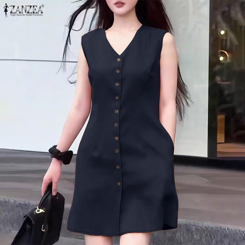 ZANZEA Damen Casual V-Ausschnitt Sommer Ärmelloses Kleid