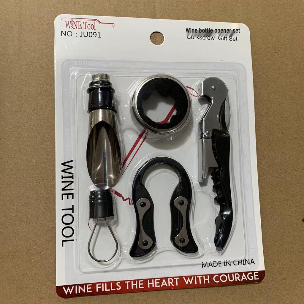Jiuyou 4-Piece Stainless Steel Wine Tools: Waiter's Corkscrew, Pourer, Corkscrew Set in Gift Box.