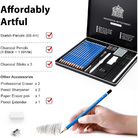 Sketch Pencils for Kids and Adults Drawing, 26-Piece Profession Sketching Pencils, Drawing Pencil for Artists Beginner Sketching, Art Graphite Pencil