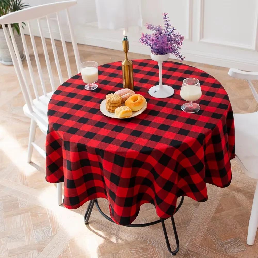 Ins Nordic Christmas Red and White Plaid Tablecloth Cotton and Linen Round Party Decoration Hotel Restaurant Placemat Reusable