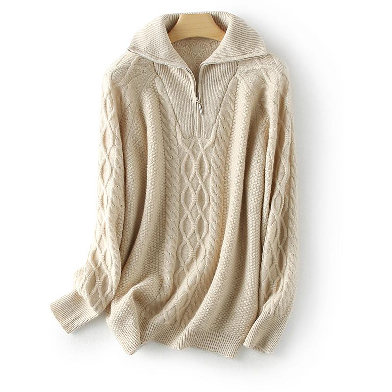 23 Autumn Winter Women's Thick Cashmere High Neck Zipper Sweater - Loose Knit Base Layer