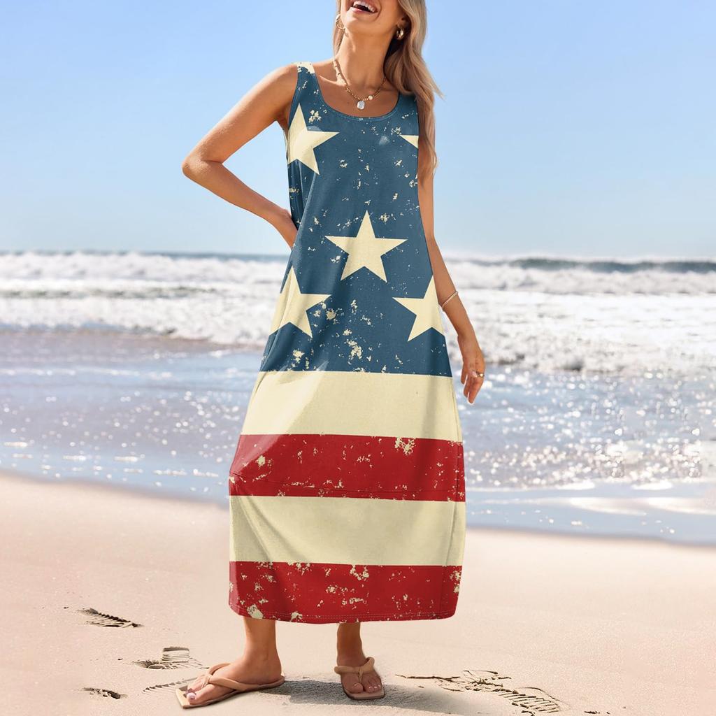 Women's Casual Long-length Sundress Summer Beach Dress Round Neck Sleeveless Loose Sundress