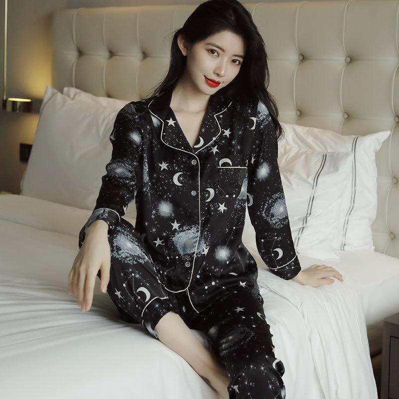 Summer New Pajamas Women's Long-sleeved Trousers Ice Silk Fashion Loose Casual Home Service Suits Can Wear Silk Outside