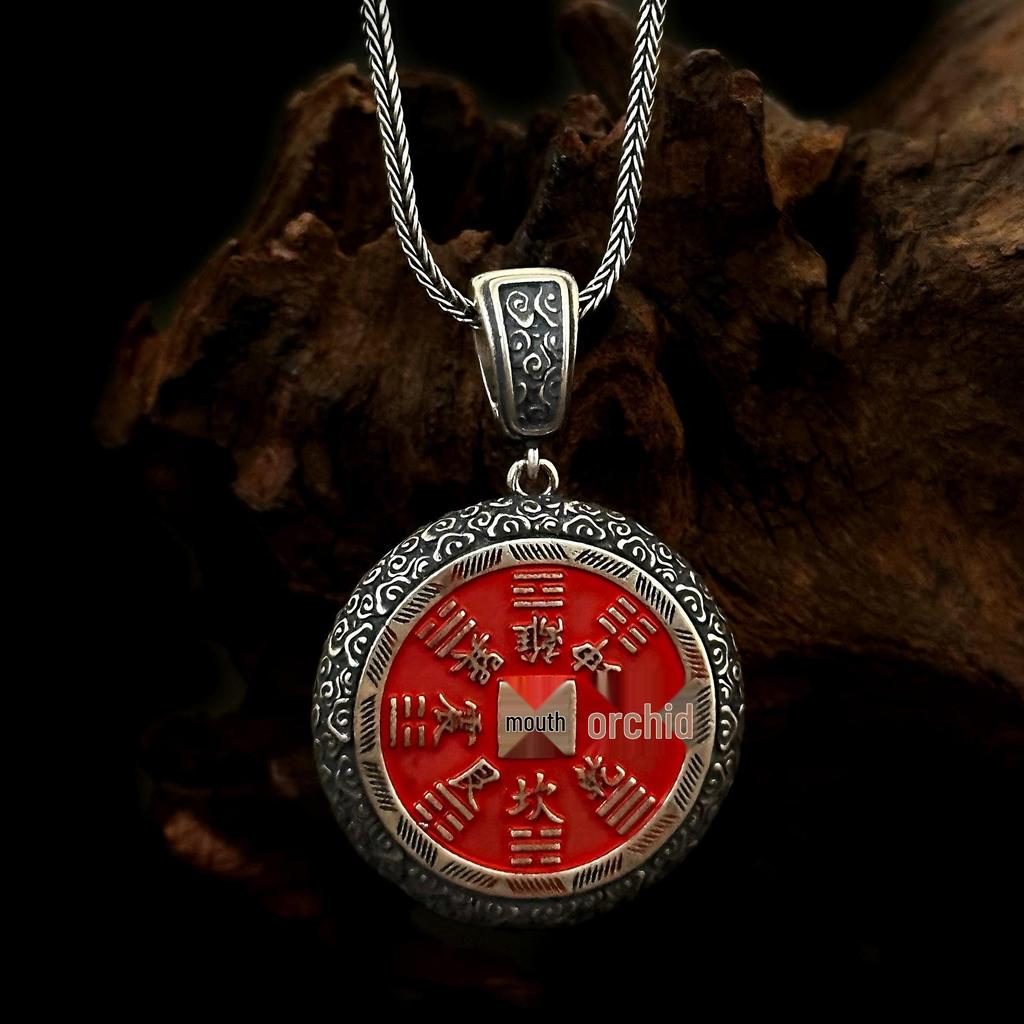 S925 Sterling Silver Mountain Ghost Cinnabar Coin Pendant for Men & Women - Taoist Niche Design