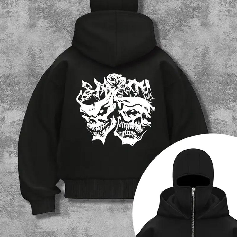 Men's Black Hooded Zipper Jacket with Skull Pattern Print - Sports and Casual Loose Autumn and Winter Jacket, Outdoor Lightweight Jacket Street Style