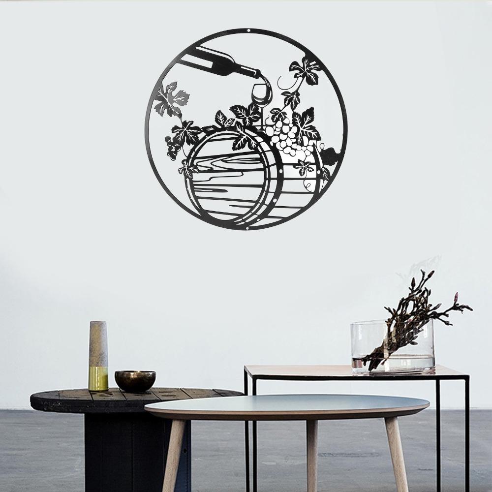 Hollow Carved Metal Wall Art Round Iron Wine Bottle Wall Hanging 11.8in Black Round Metal Wall Ornament Living Room Decor