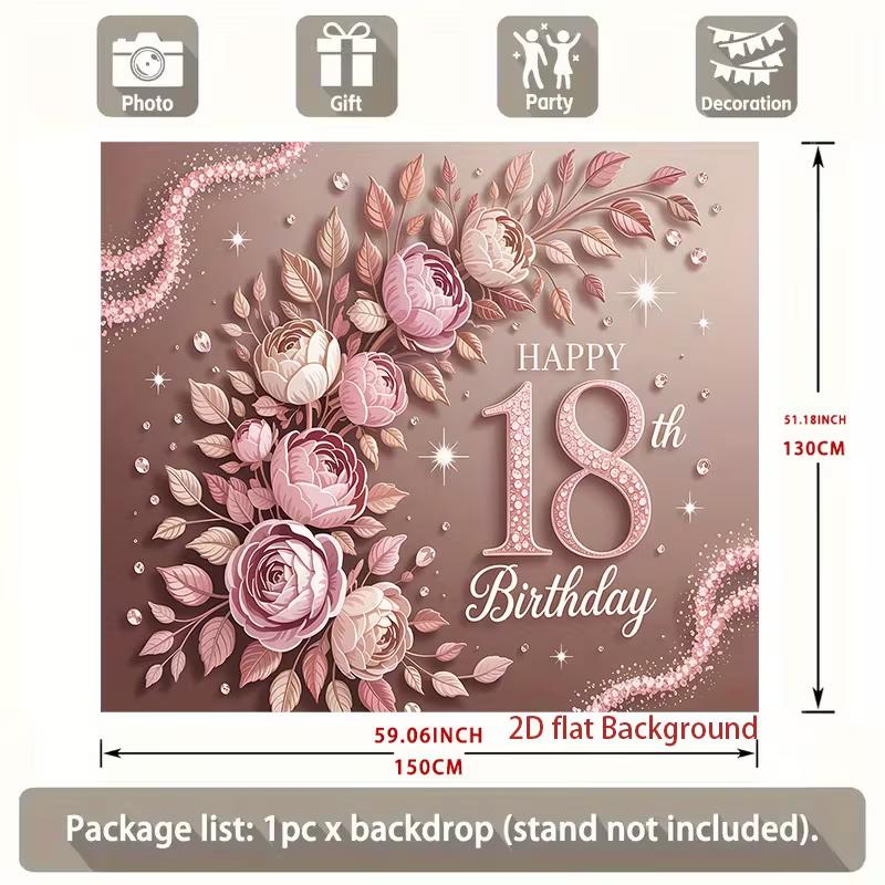 2D Pink Rose 18th Happy Birthday Backdrop 210x150cm Party Banner