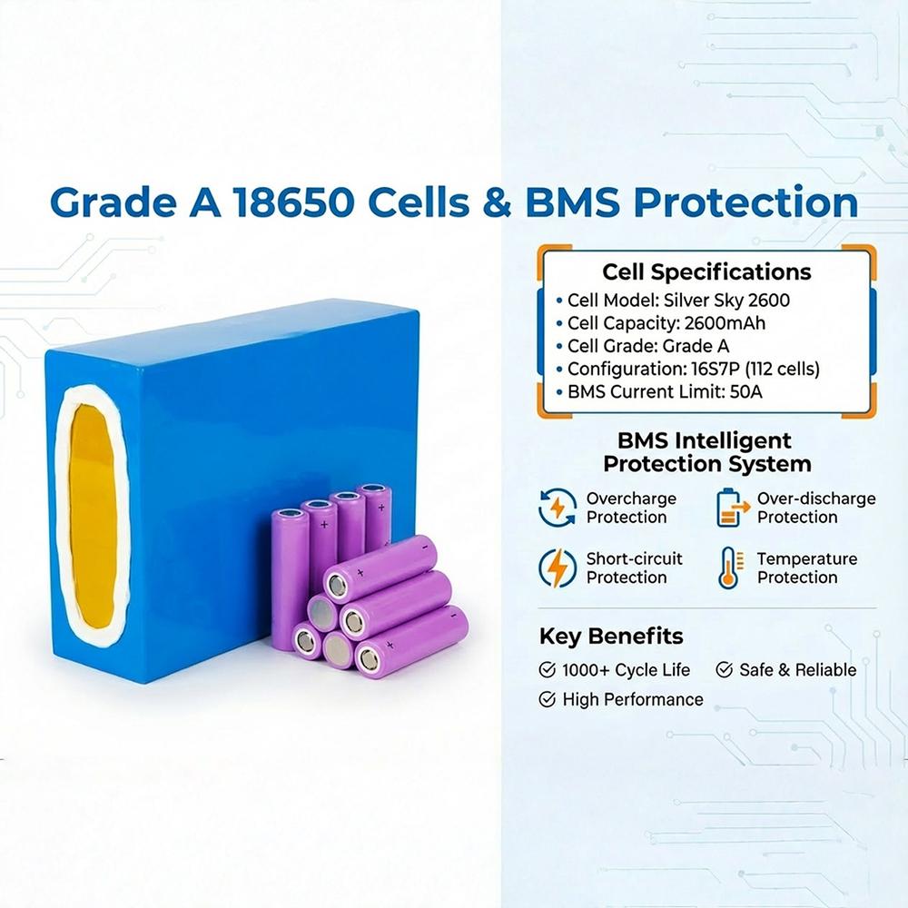 German Stock 60V 20Ah Blue Rectangular Lithium Battery with 2600mAh 16s7p China Cells, 50A BMS & 3A XT60 Plug