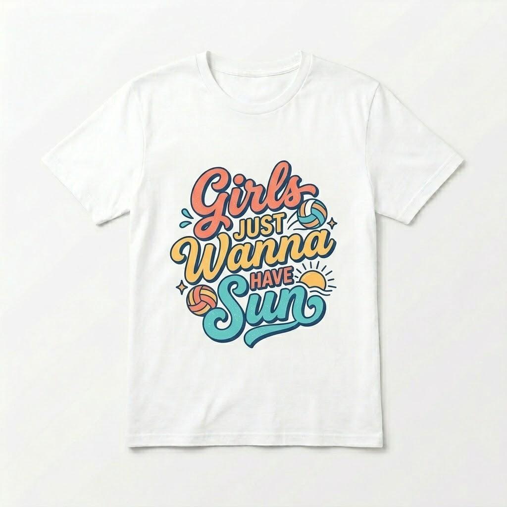Retro Girls Just Wanna Have Sun Volleyball T-Shirt Vintage Beach Summer Tee M