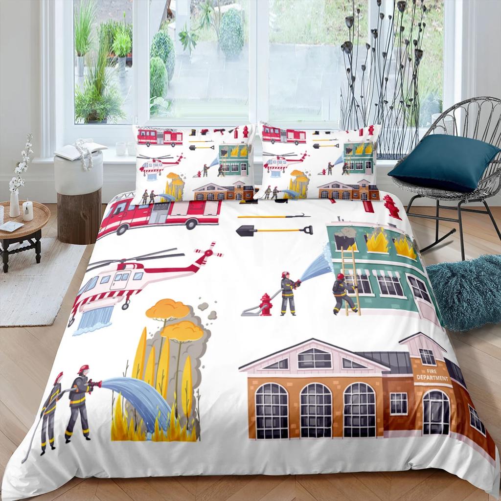Fire Truck Fireman Duvet Cover King Queen Full Twin Size Cartoon Bedding Set for Boys Teens Polyester Quilt Cover
