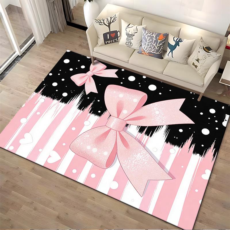 Pink Bow Striped Carpet with Hearts and Black Accent Design Suitable for use as an anti-slip for living room bedroom sofas