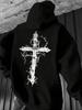 Men Back Print Hoodie, Gothic Thorn Cross Graphic Hooded Sweatshirt, Dark Religious Streetwear Casual Loose Pullover Hoodie