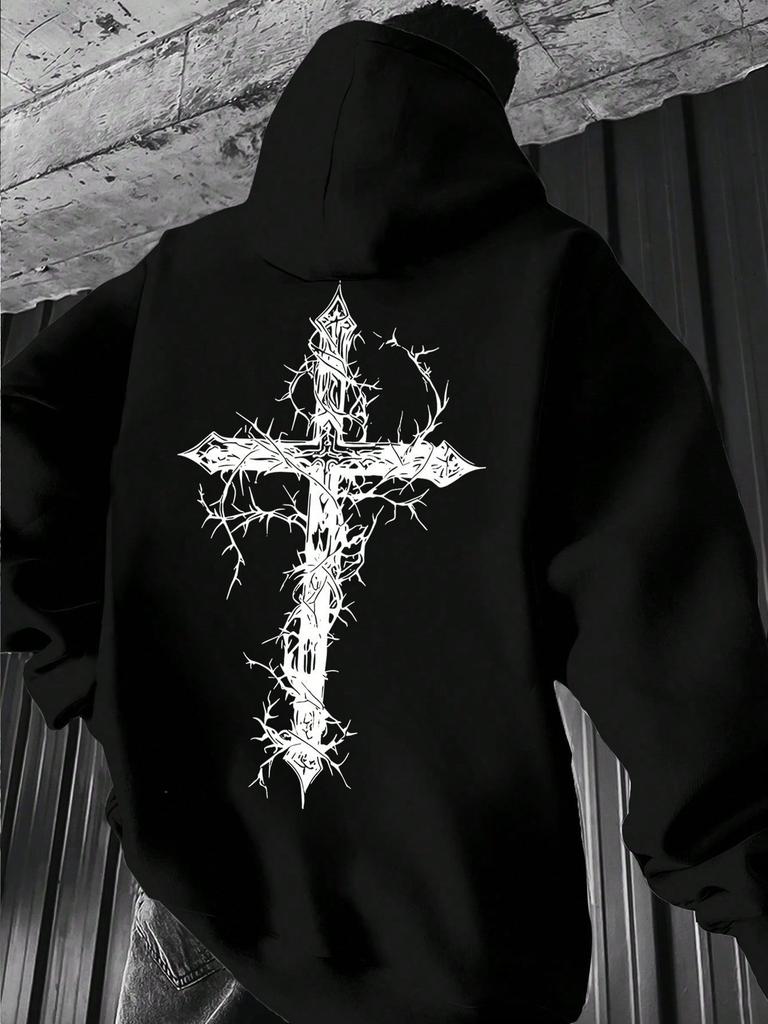 Men Back Print Hoodie, Gothic Thorn Cross Graphic Hooded Sweatshirt, Dark Religious Streetwear Casual Loose Pullover Hoodie