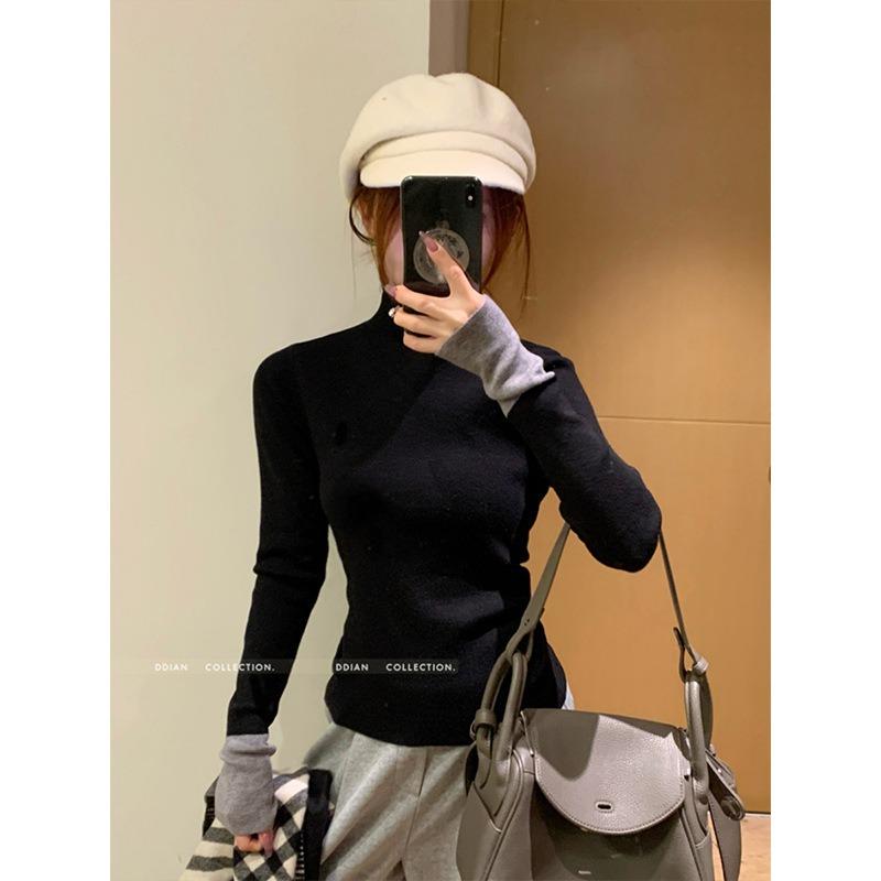 Spring Simple Semi-turtleneck Bottoming Shirt Women's Inner Slim-fitting Contrasting Sweater High-end Knitted Top