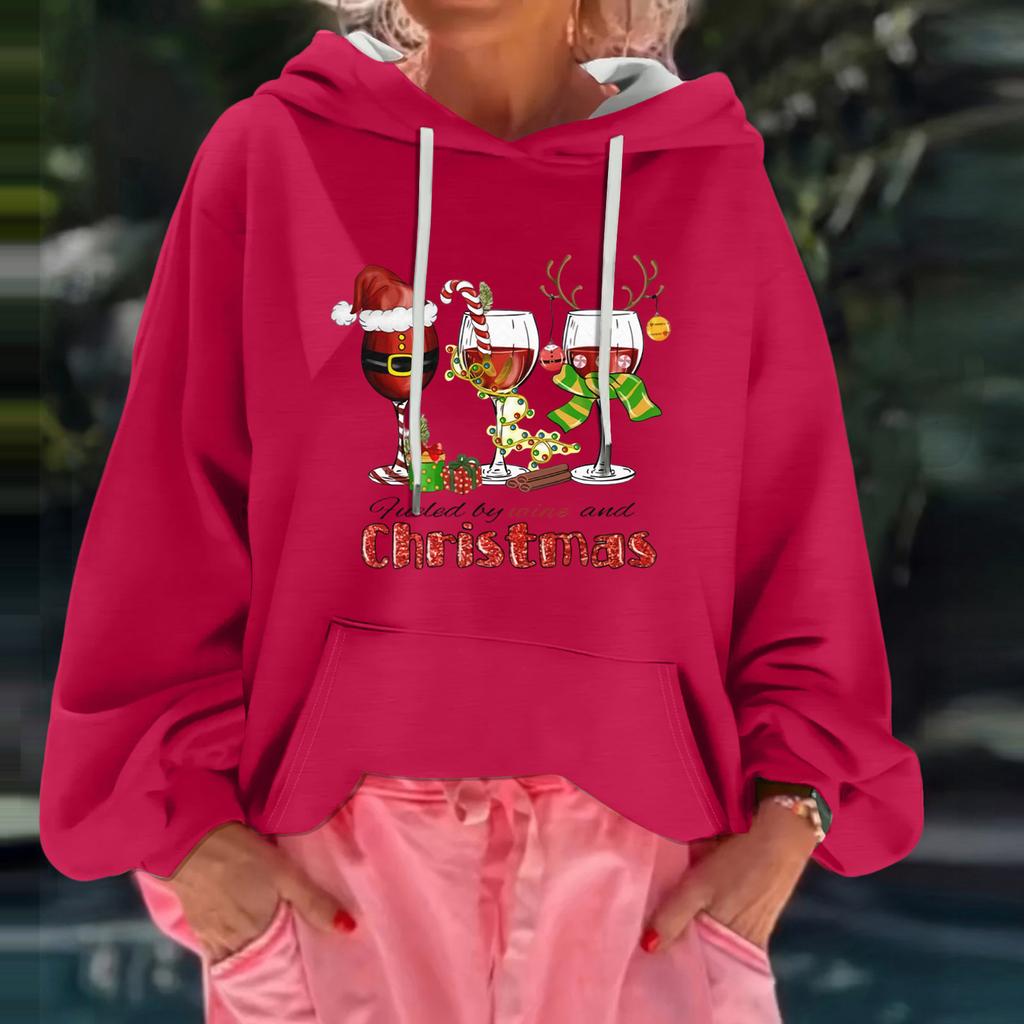 Women's Christmas Print Loose Casual Long Sleeve Hooded Sweatshirt