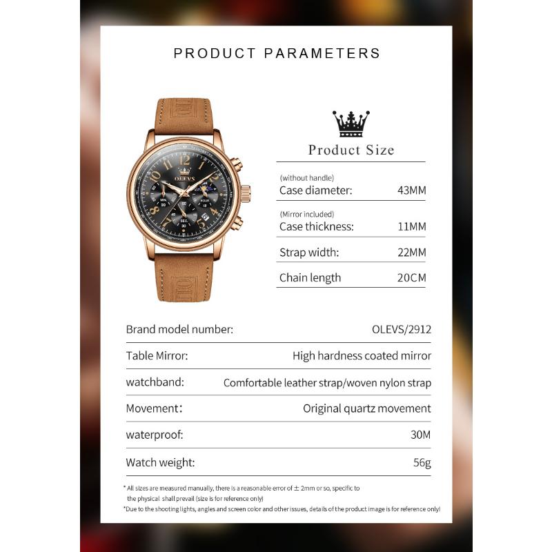 OLEVS Quartz Watch for Men Moon Phase Chronograph Auto Date Fashion Casual Suede Leather Strap Original Waterproof Watches