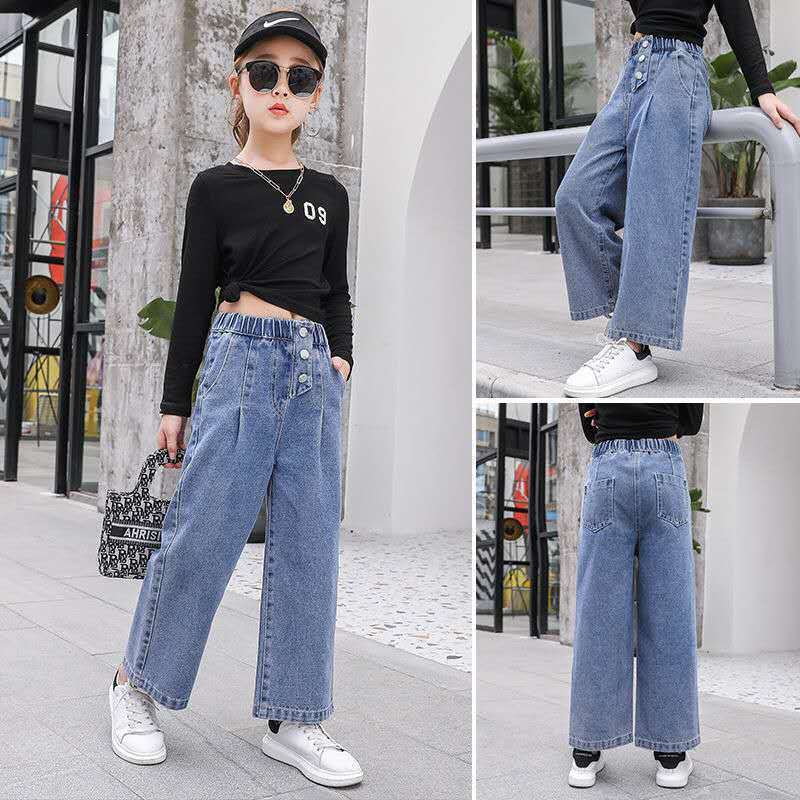 Spring Autumn Teenage Girls Denim Wide Leg Pants Children Trousers  New Fashion Girls Jeans 5 6 8 10 12 13 14 Years Kids Clothes