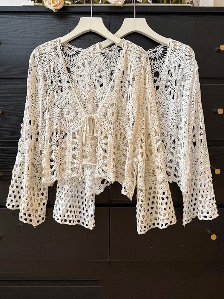 Bohemian Crochet Tie-Up Knit Cardigan - Women's Long Sleeve Sun Protection Top