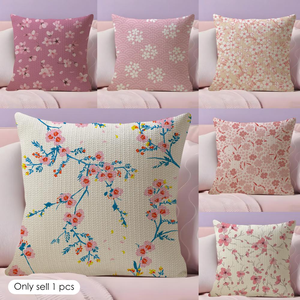 Sakura Blossom Pattern Cushion Cover Natural Linen Organic Fabric DoubleSided Printing Couch Pillow Covers Home Decor
