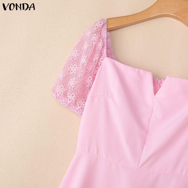 VONDA Women's Square Neck Elegant Lace Puff Sleeve Summer Dress A-Line Party Sundress