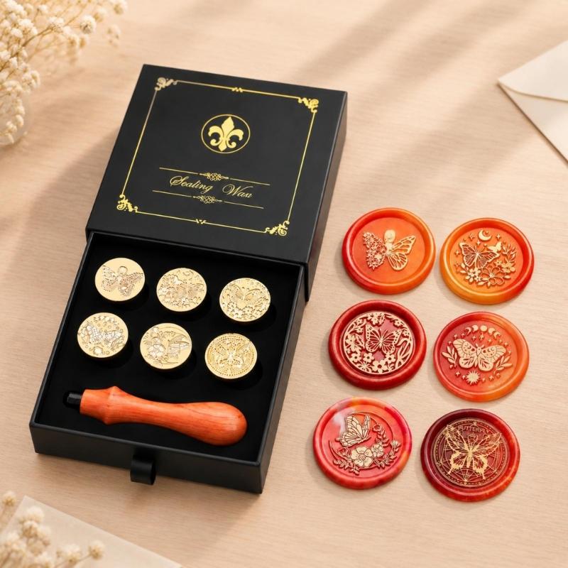 Decorative Wax Seal Stamp with Metal Components and 6 Round Design Disks for Gift Wrapping, Journaling, and Scrapbooks